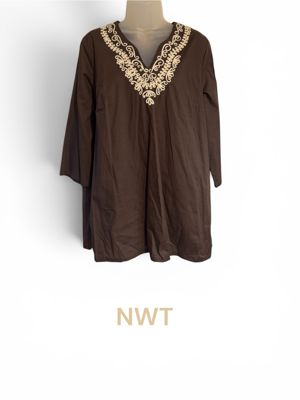NWT CHOCOLATE V-NECK TUNIC w/SUTASH NECKLINE DETAIL LArge #2 - Picture 1 of 8
